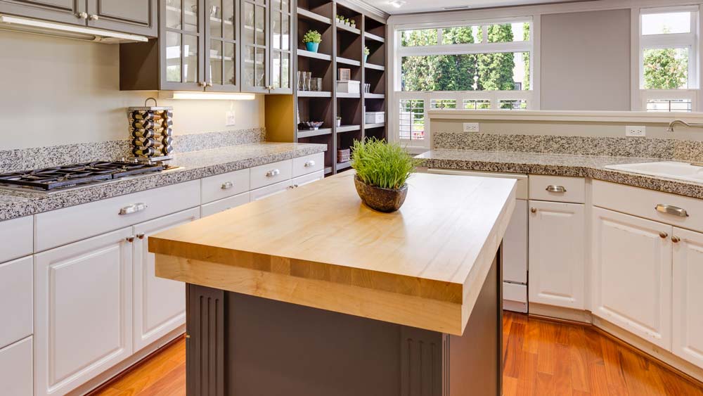 A custom wooden kitchen countertop